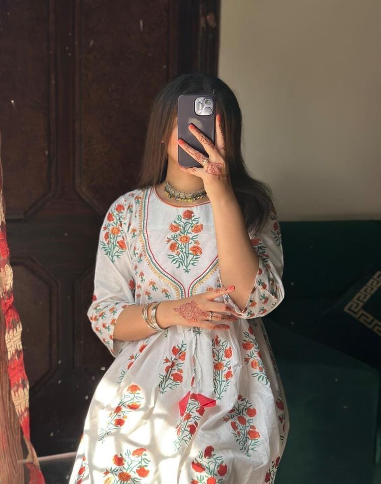 Women's Printed Cotton Maxi with Plain Trousers - 2 Piece Set