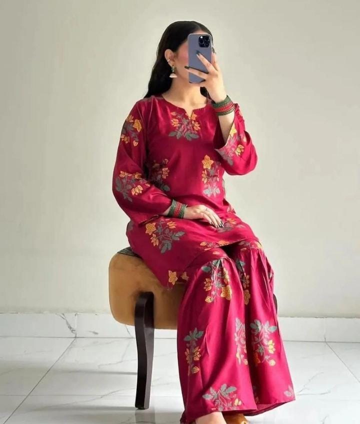 Women's 2-Piece Ensemble: Stitched Linen Printed Shirt and Sharara Trousers