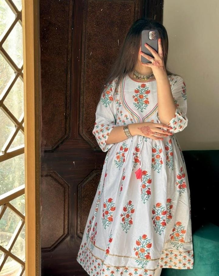 Women's Printed Cotton Maxi with Plain Trousers - 2 Piece Set