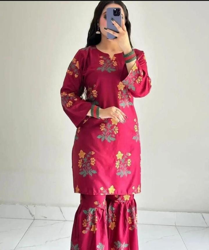 Women's 2-Piece Ensemble: Stitched Linen Printed Shirt and Sharara Trousers