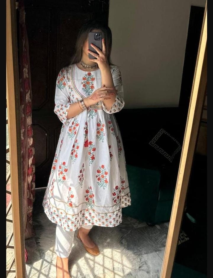 Women's Printed Cotton Maxi with Plain Trousers - 2 Piece Set