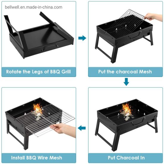 Portable Foldable Charcoal BBQ Grill – Black Carbon Steel Outdoor Barbecue Oven