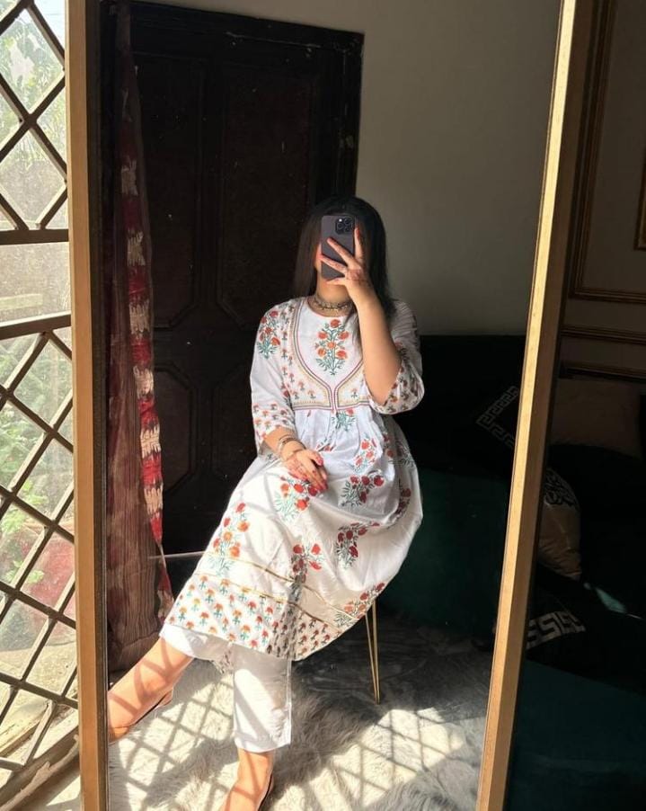 Women's Printed Cotton Maxi with Plain Trousers - 2 Piece Set