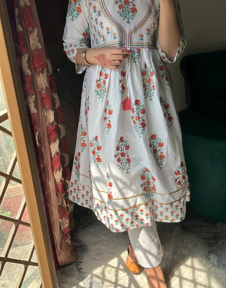 Women's Printed Cotton Maxi with Plain Trousers - 2 Piece Set