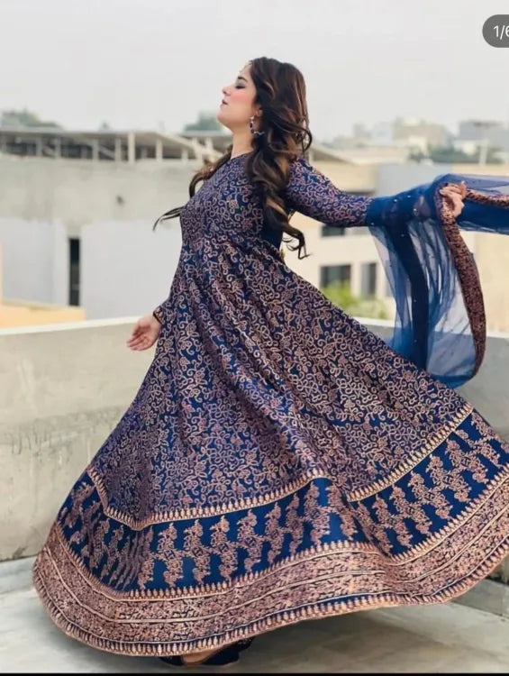 Gold Printed  Silk Maxi for Pretty Women and Girls
