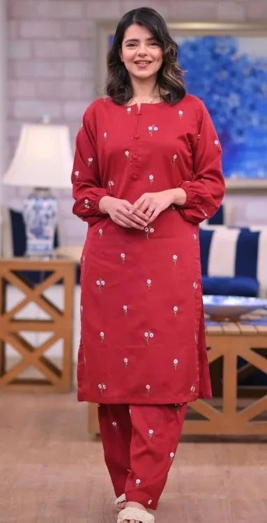 Women's Petal Embroidered Linen Suit 2pcs
