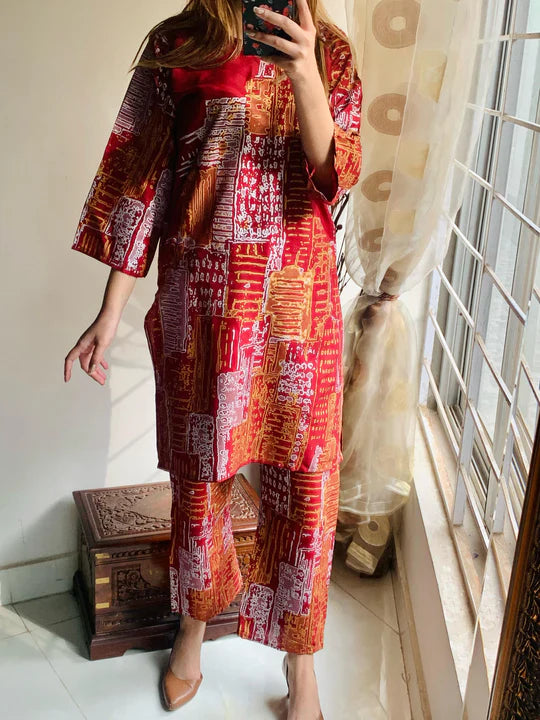 2Pcs Womens Stitched Linen Printed Suit