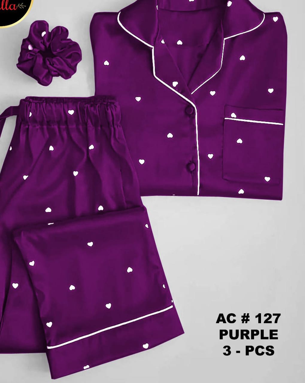 Women's Purple Silk Night Suit with Ponytail