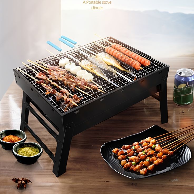 Portable Foldable Charcoal BBQ Grill – Black Carbon Steel Outdoor Barbecue Oven