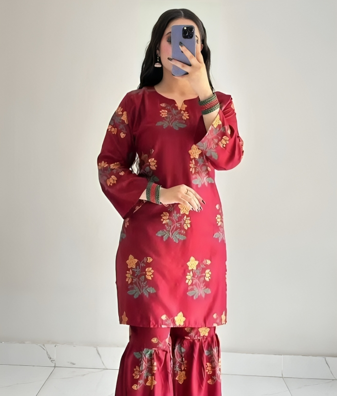 Women's 2-Piece Ensemble: Stitched Linen Printed Shirt and Sharara Trousers